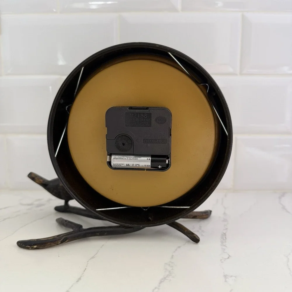 Vintage Pier 1 Imports Metal Mantel Clock Bird Branch Bronze Gold Desk Table